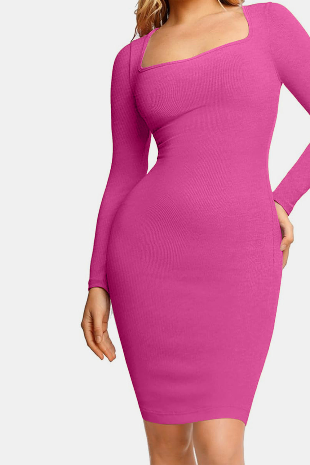 Basic Bae Full Size Built-In Shapewear Square Neck Long Sleeve Dress