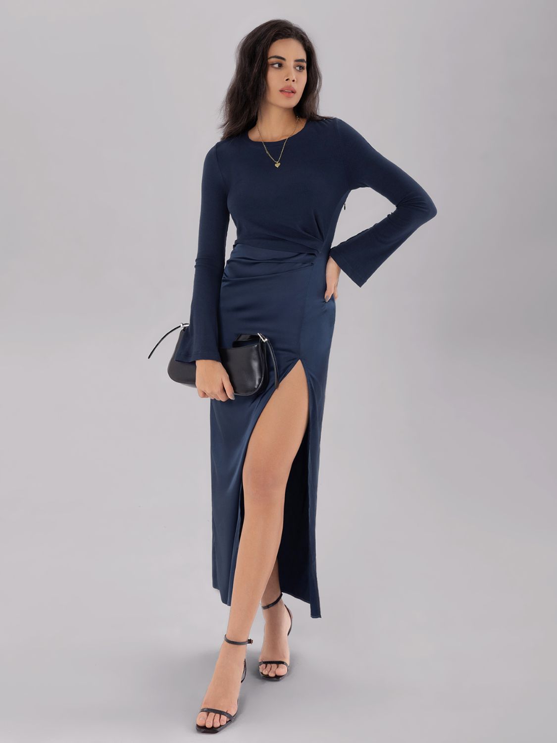 Split Round Neck Long Sleeve Midi Dress