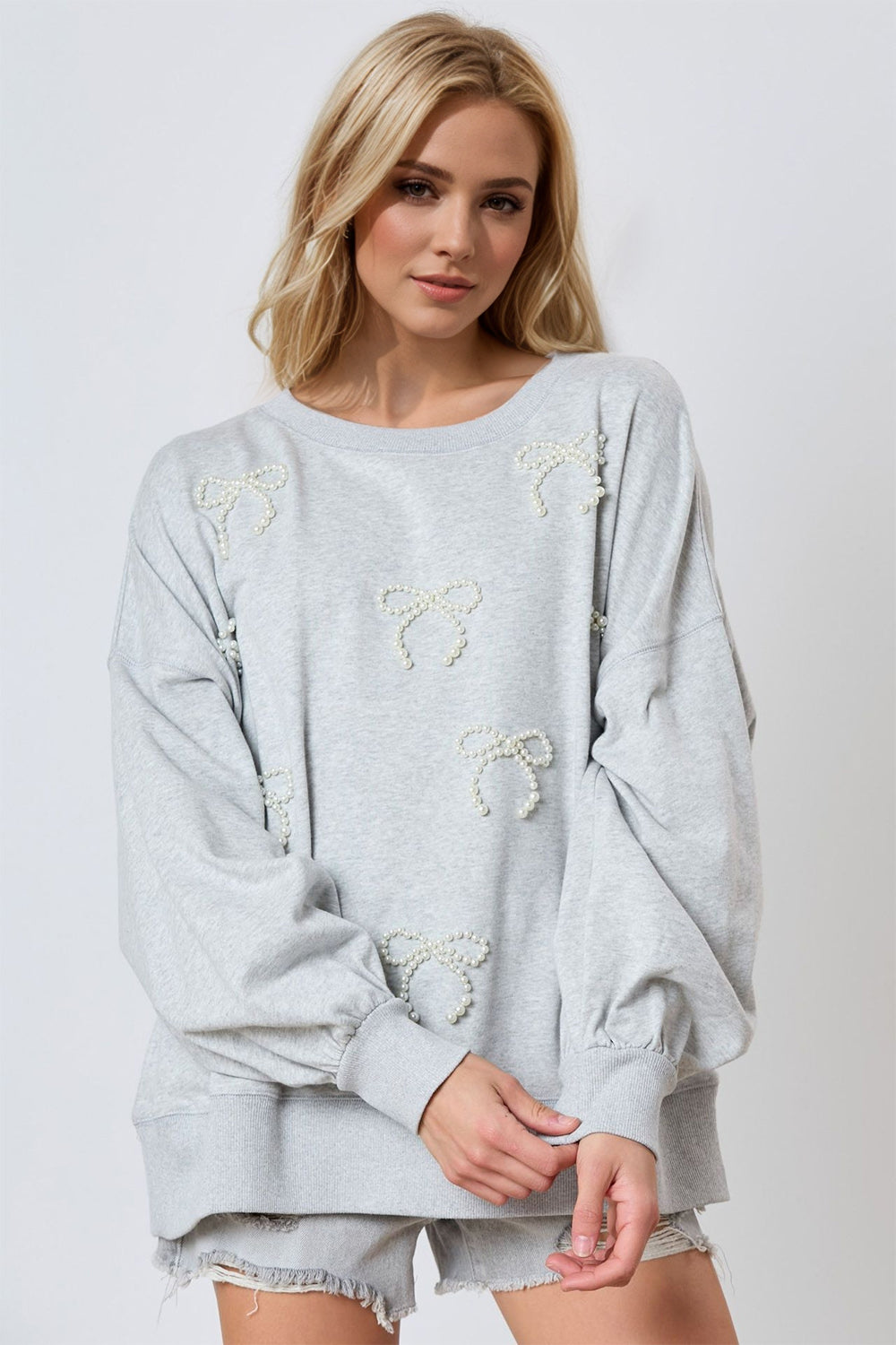 Pearl Bow Round Neck Dropped Shoulder Sweatshirt